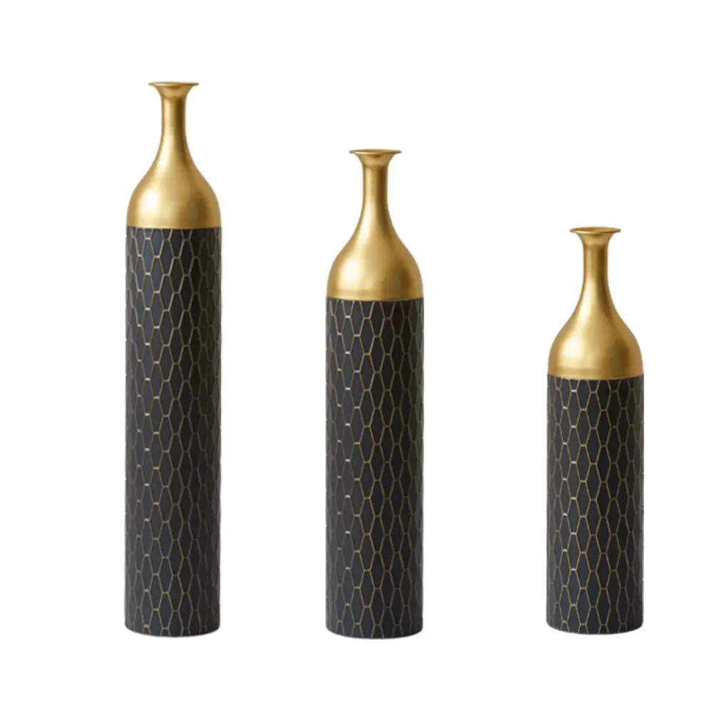 Elegant Floor Vase Set Metal Decorative Vases 3 Piece Set Floral Display, Wedding & Gift Decor - Gold / Black