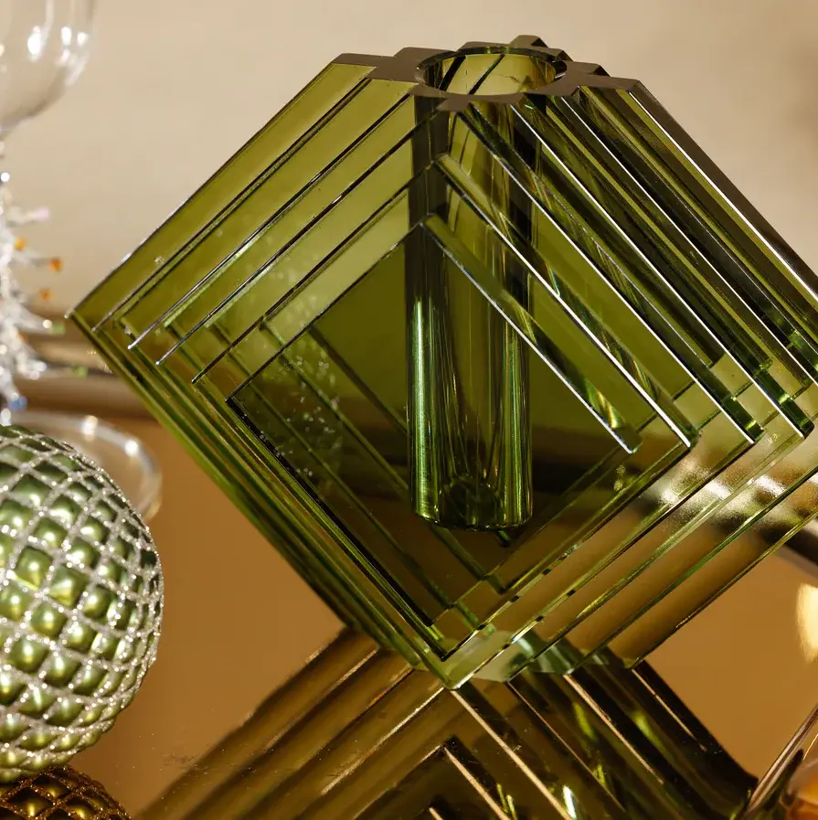 Stacked Concentric Diamond Motif Crystal Glass Vase, Olive