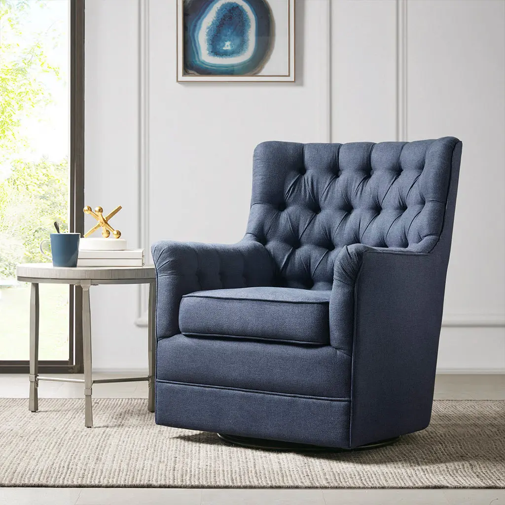 Mathis Swivel Glider Chair Blue Solid Wood Modern Gliding Chair jla
