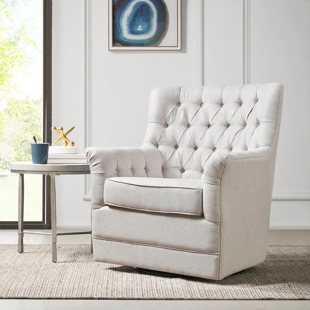 Mathis Swivel Glider Chair Beige Solid Wood Frame jla