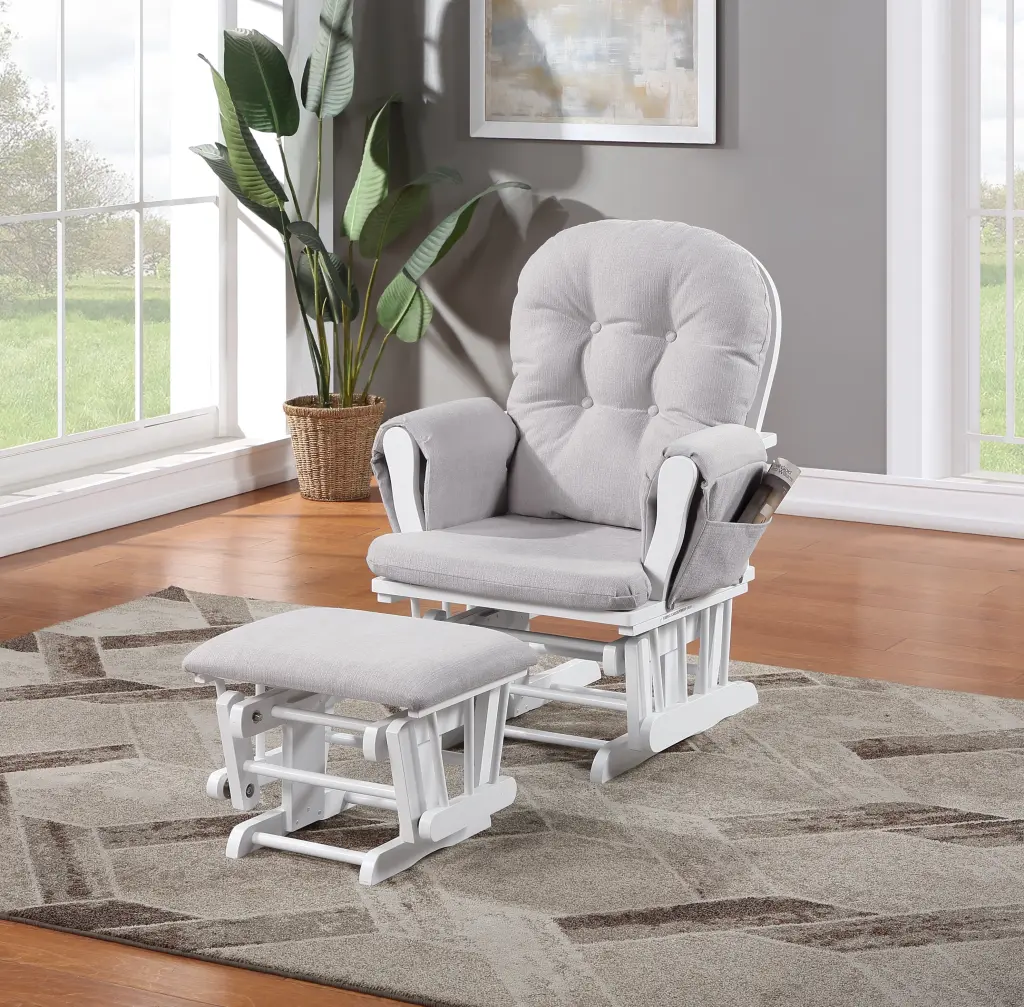White Wood Mason Glider and Ottoman Woven Gray Material Comfortable Nursery Seating simple living