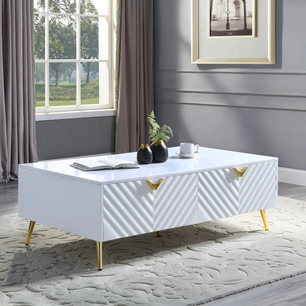 White High Gloss 2 Drawer Coffee Table Assistance Leg Modern Living Room Table furniture max