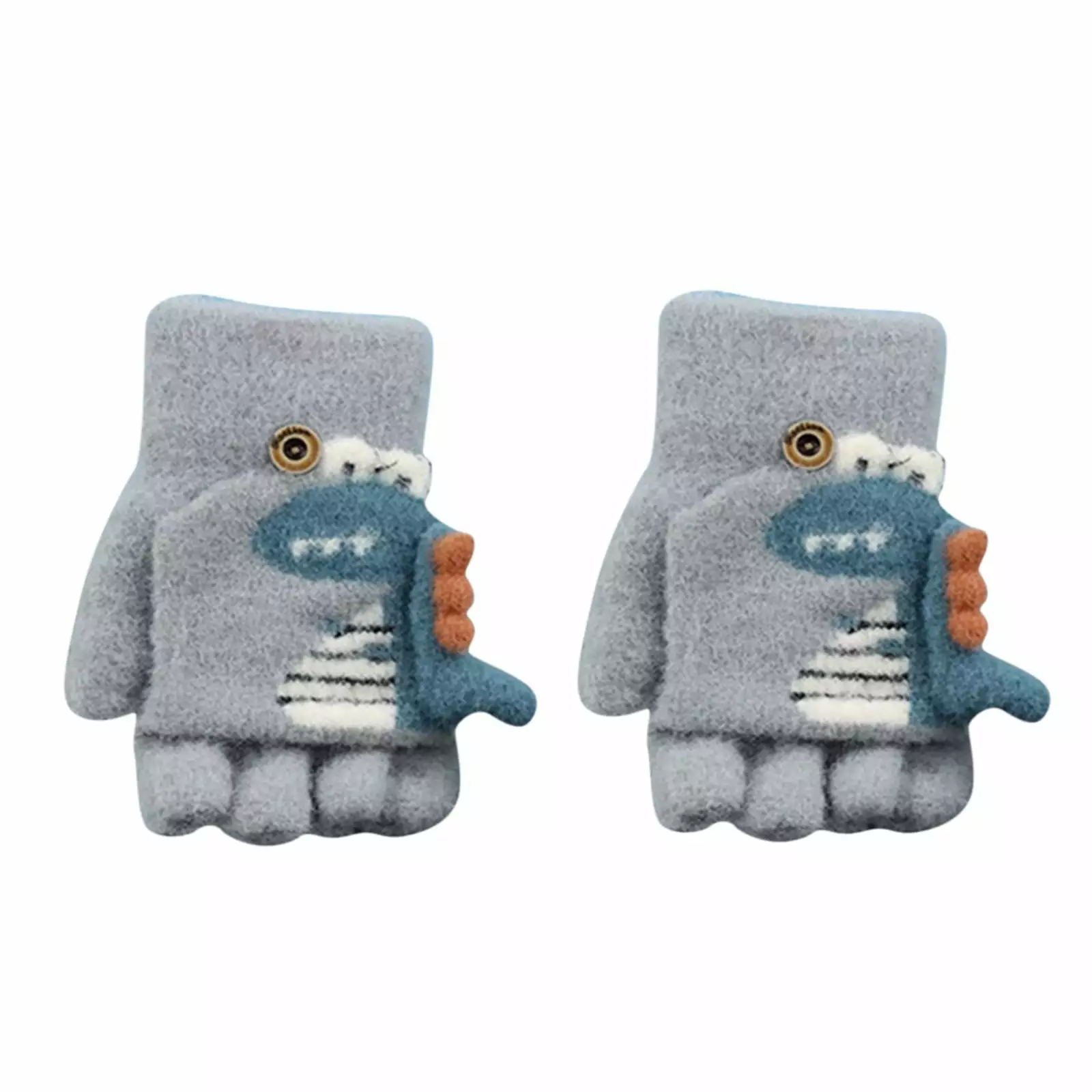 Cartoon Dinosaur Print Knitted Convertible Flip Mittens Kids - Warm Winter Gloves Fingerless Option