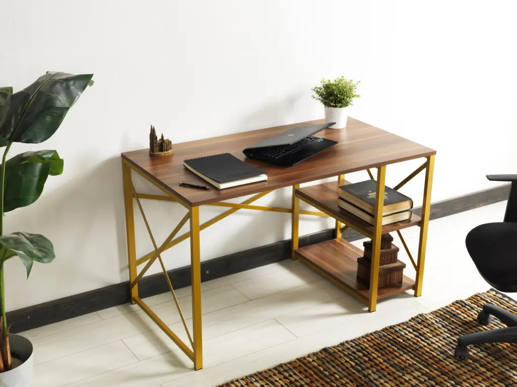 Furnish Home Store Morello Gold Metal Frame 47 Inch Wooden Top 2 Shelves Wall Shelf furnia