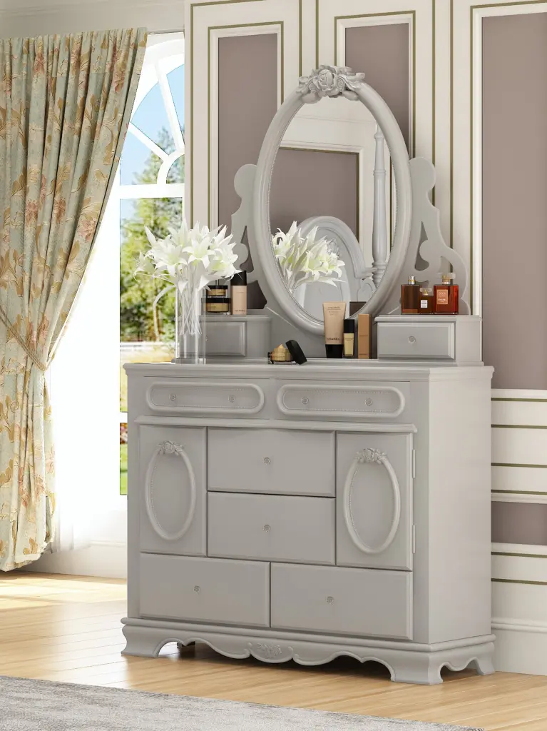 Flora Dresser Door Gray Finish Timber Modern Bedroom Storage Furniture acme onsite store