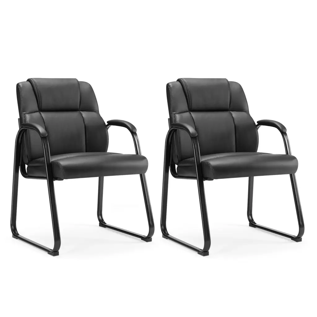 Leather Office Guest Chair Padded Arms and Solid Base No Wheels w2201