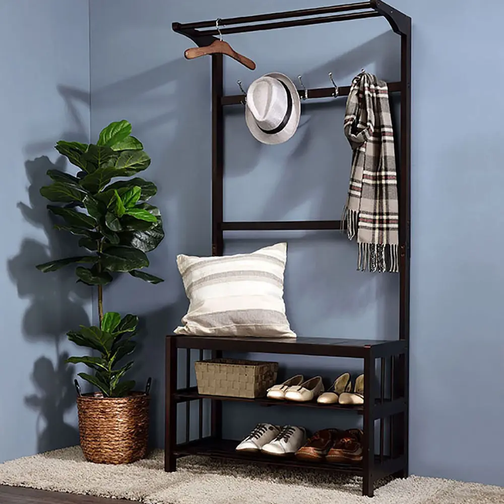 Espresso Hall Tree Metal Hook Pine Wood Entryway Organizer furniture max