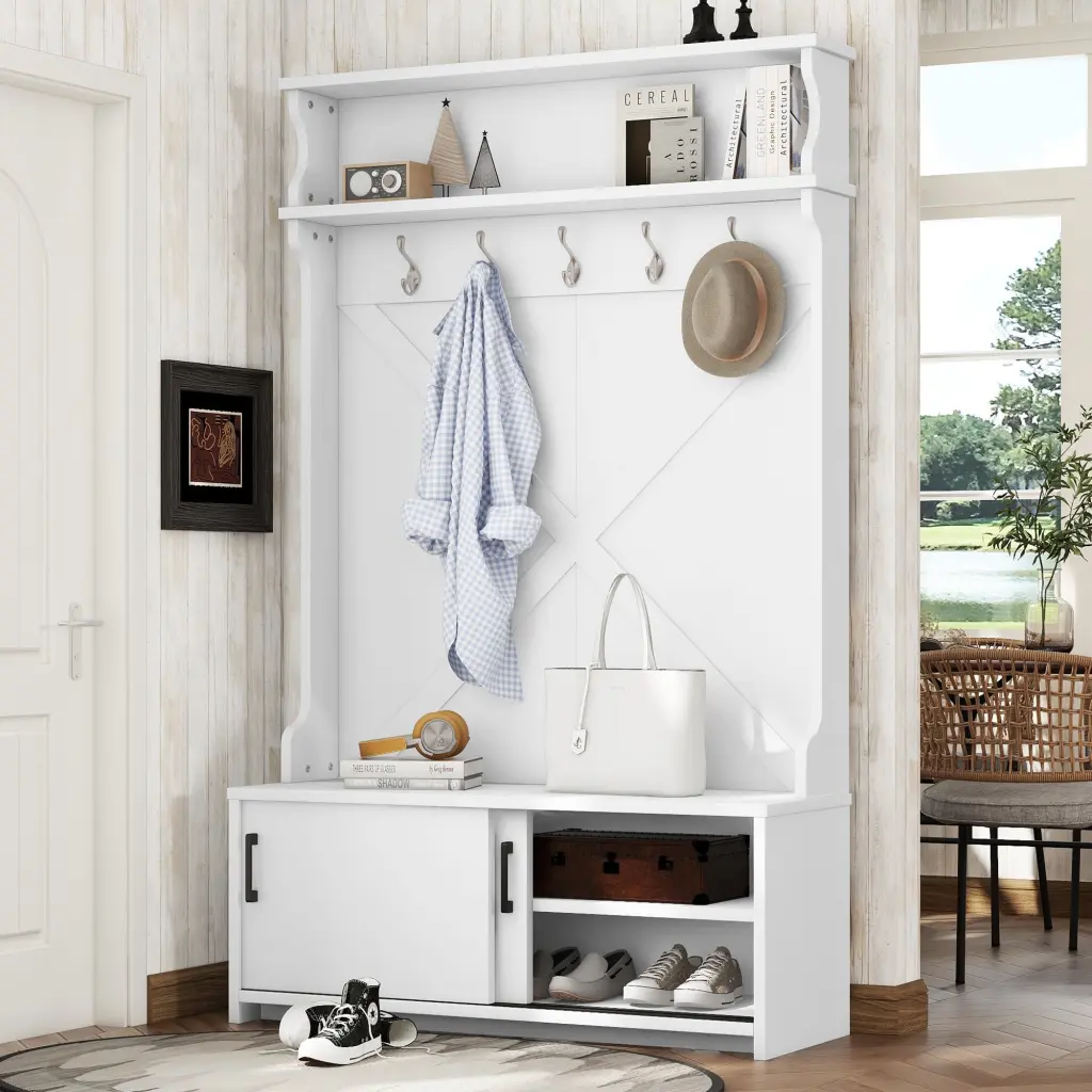 Hall Tree Top Shelf and Storage Bench Shoe Cabinet Entryway magic more