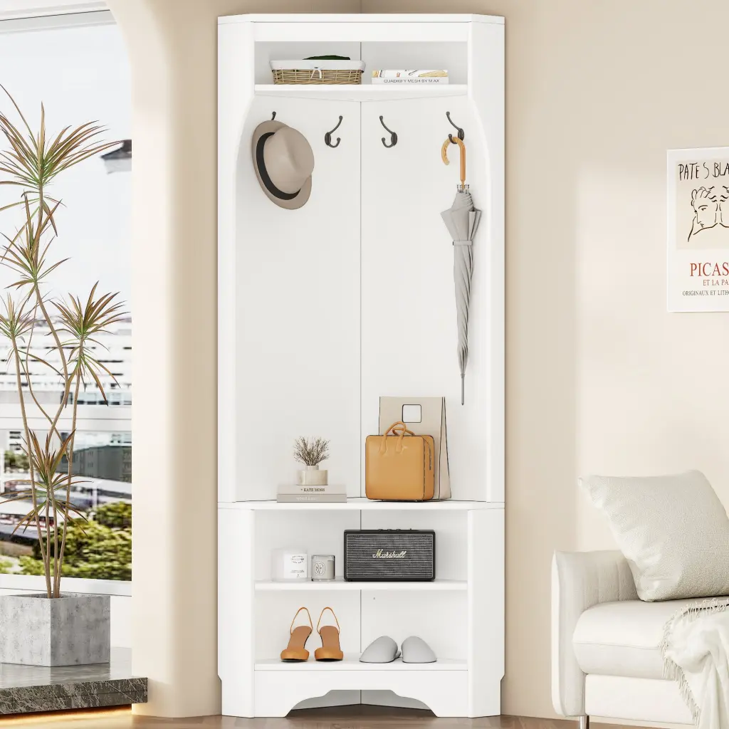 Minimalist Corner Hall Tree Shoe Bench Multi-functional Entryway Coat Rack on-trend