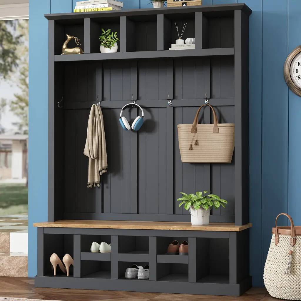 Farmhouse Timberen Style 78 Inch Modern Hall Tree Wide Storage Seating Bench rnb