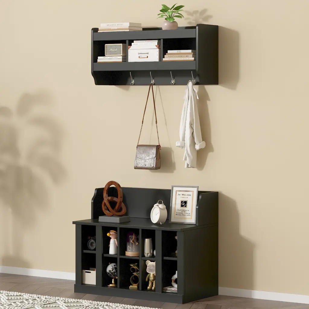 Shoe Storage Bench Shelves and 4 Hooks Elegant Hall Tree rnb