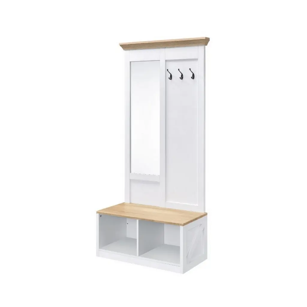 Hall Tree Body Length Mirror and Bench Seat White and Brown royal hampton