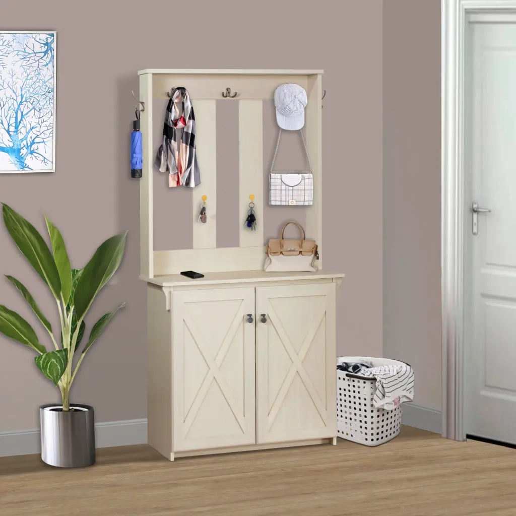 Timeless Antique White Hall Tree Storage Bench and Cabinet singularity