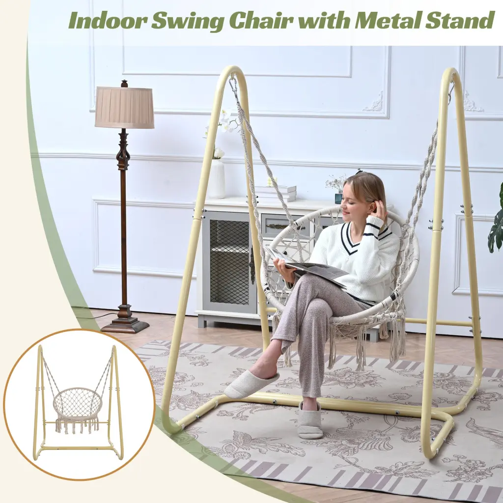 Handmade Macrame Swing Hammock Chair Stand Cream Color rnb