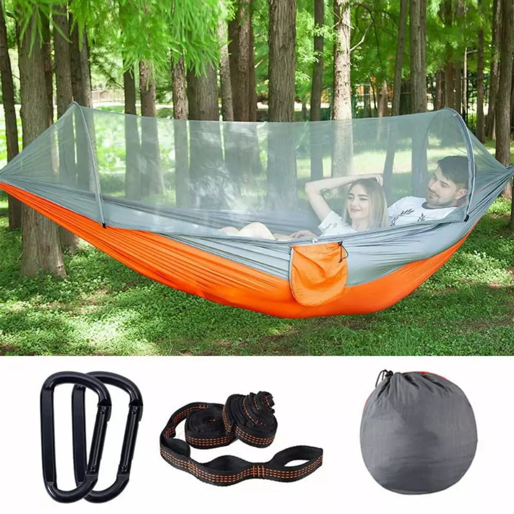 Large 2 Person Camping Hammock Mosquito Net Pop-up Parachute Lightweight Hanging Hammock Tree Straps