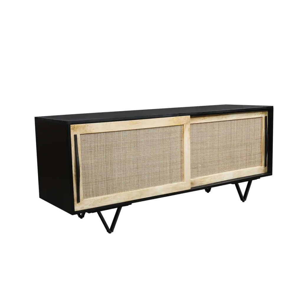 60 Inch Handcrafted TV Media Console 2 Cane Door Cabinets Natural Brown and Matte Black Benzara