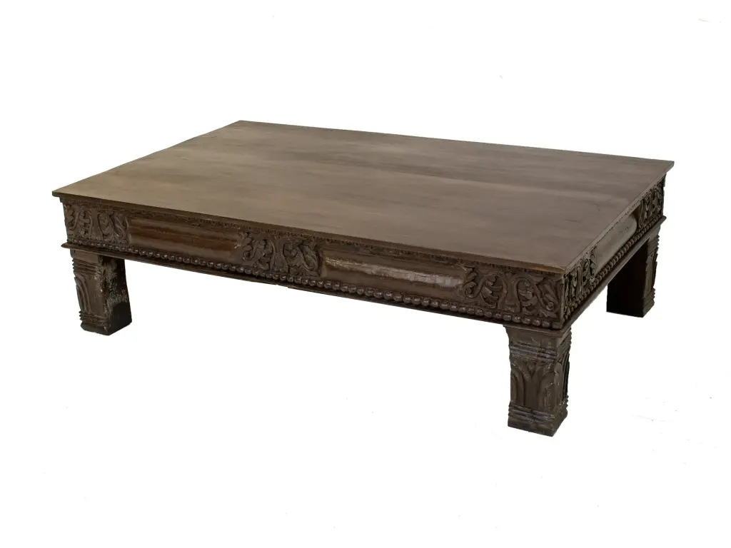 20 Inch Tall Distressed Finished Solid Wood Coffee Table Hand Carved Indian Dark Brown Far Pavilions