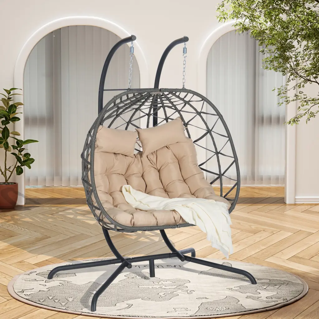 2 Person Outdoor Rattan Hanging Chair Patio Wicker Egg Chair deeray store