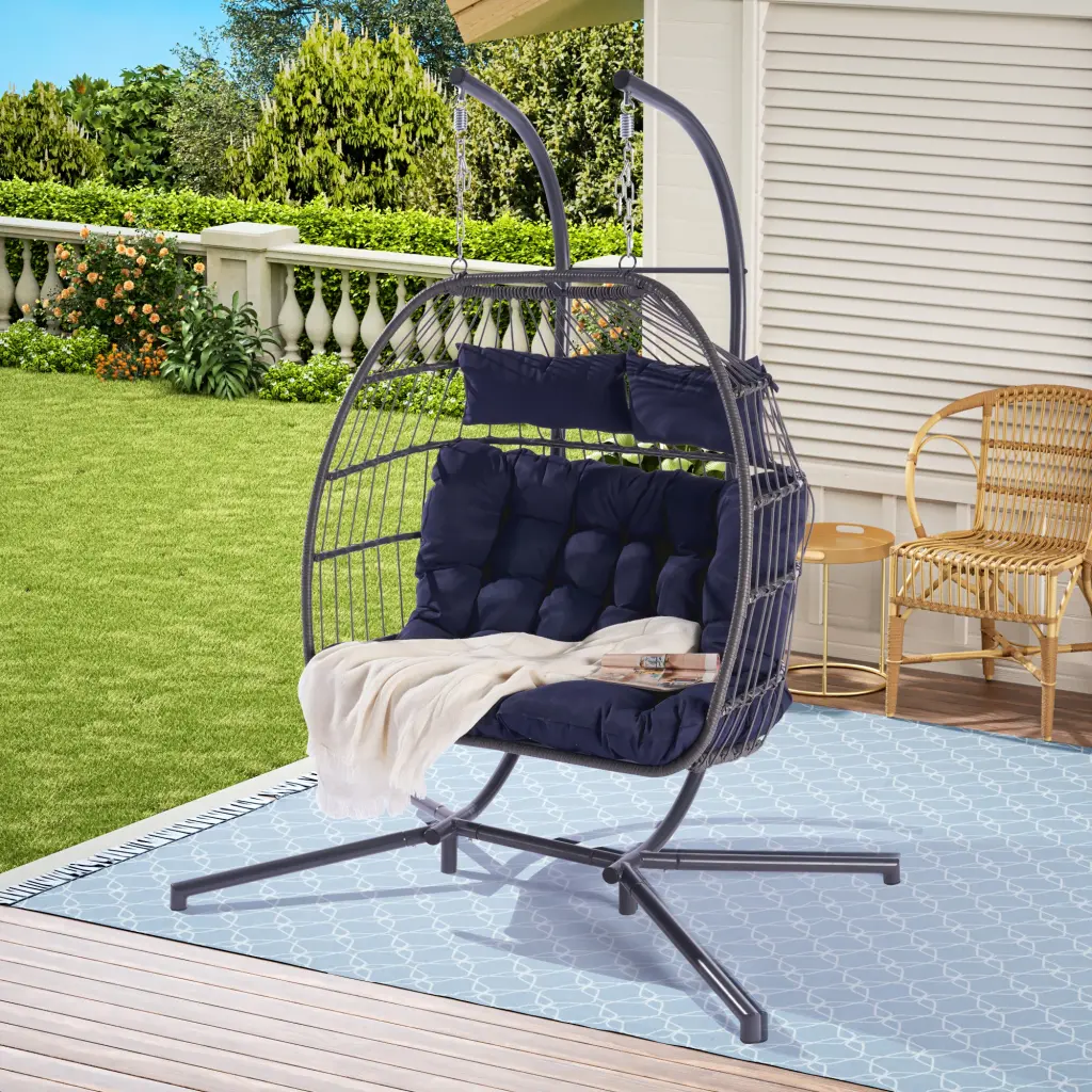 2 Person Outdoor Rattan Hanging Chair Patio Wicker Egg Chair deeray store