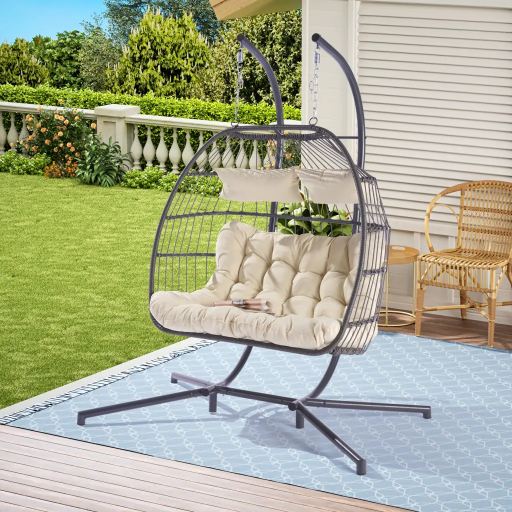 2 Person Outdoor Rattan Hanging Chair Patio Wicker Egg Swing Chair deeray store