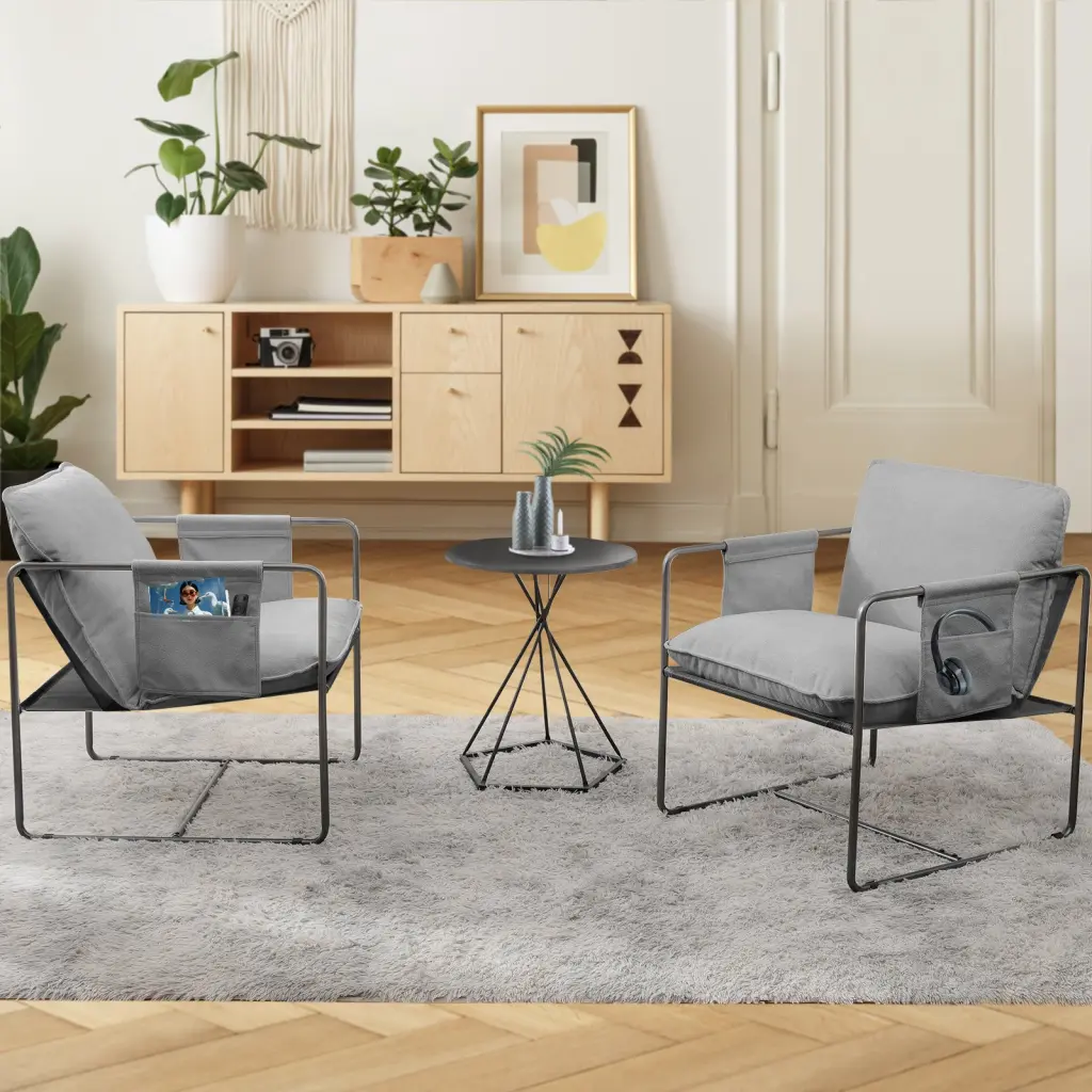 2 Sets Upholstered Hanging Armchair Arm Pocket and Metallic Frame rnb