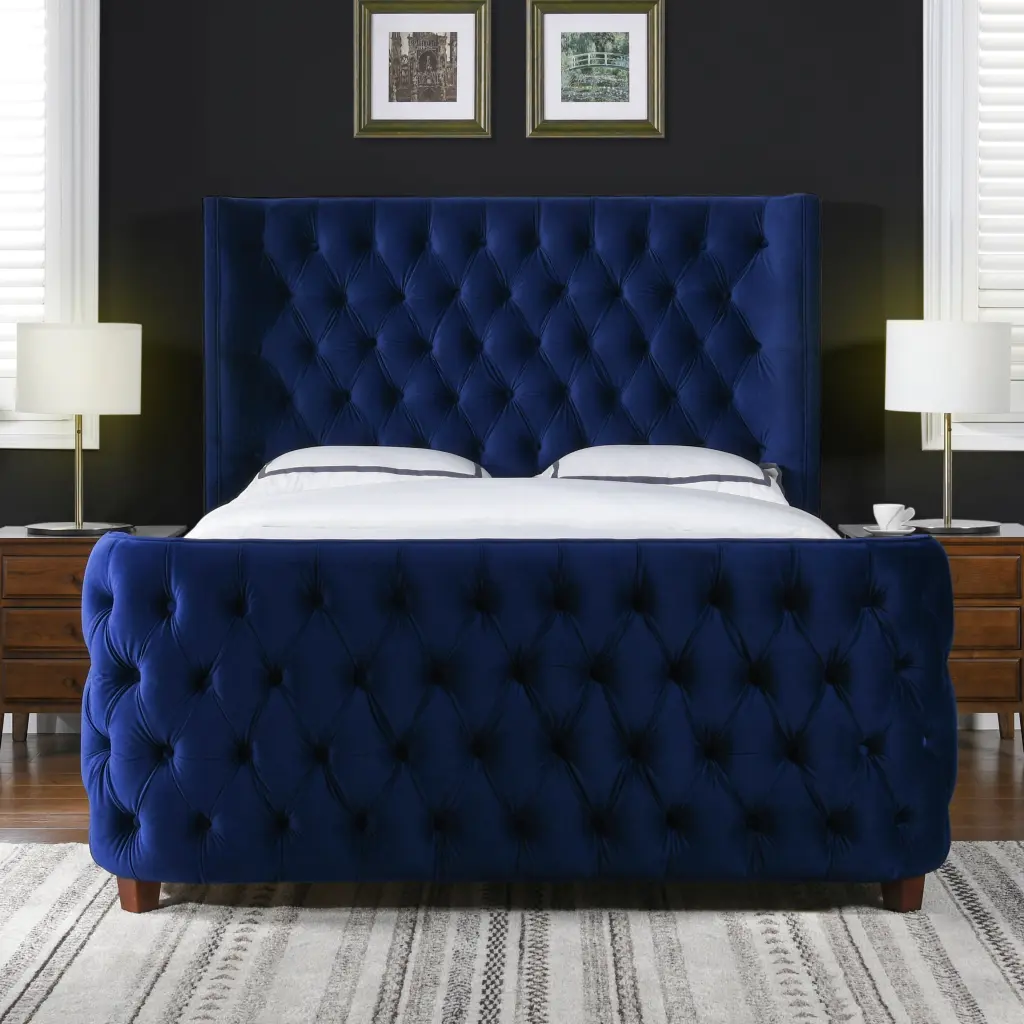Brooklyn King Tufted Panel Bed Headboard and Footboard Set Navy Blue jennifer taylor home
