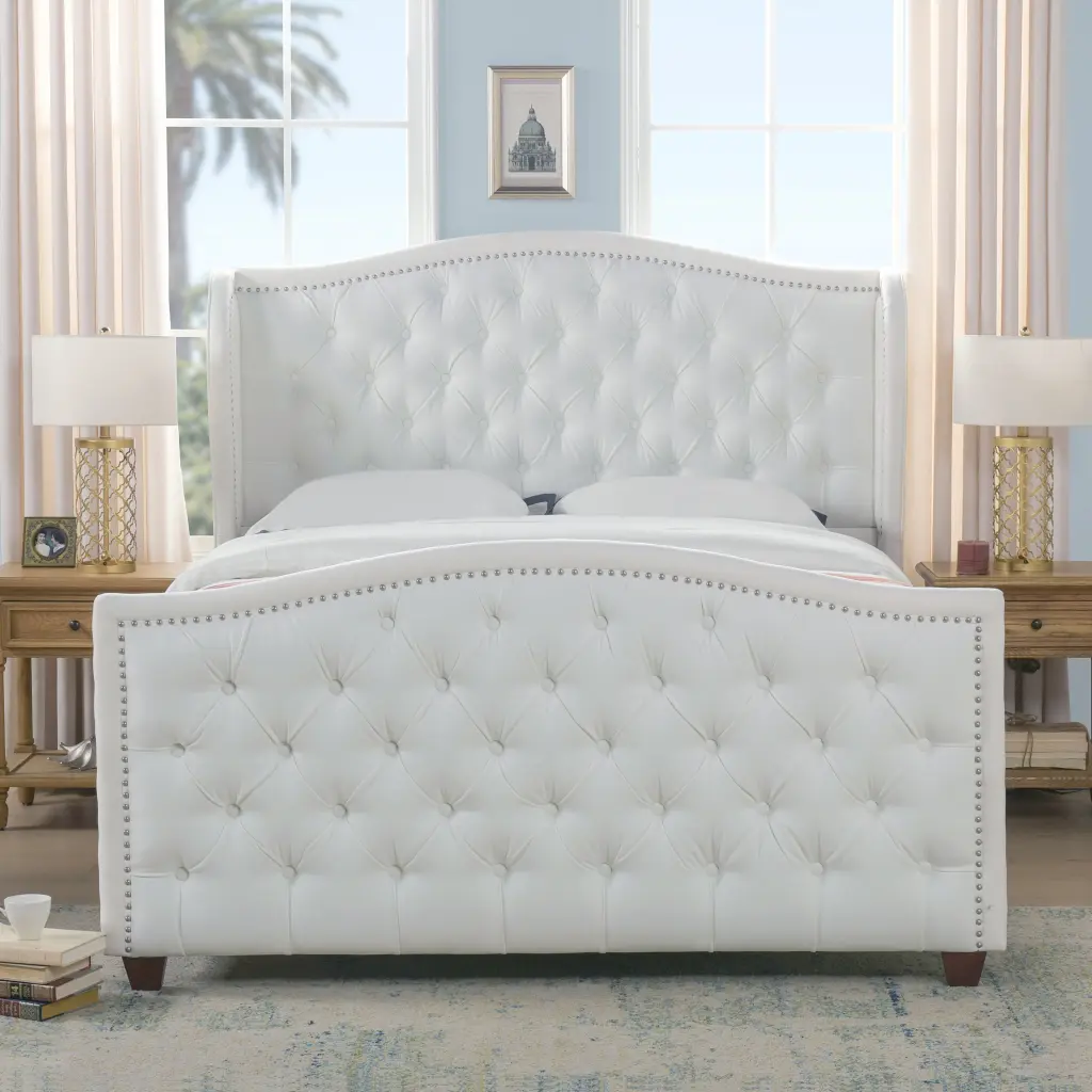 Marcella Upholstered Shelter Headboard Bed Set Queen Bright White Polyester jennifer taylor home