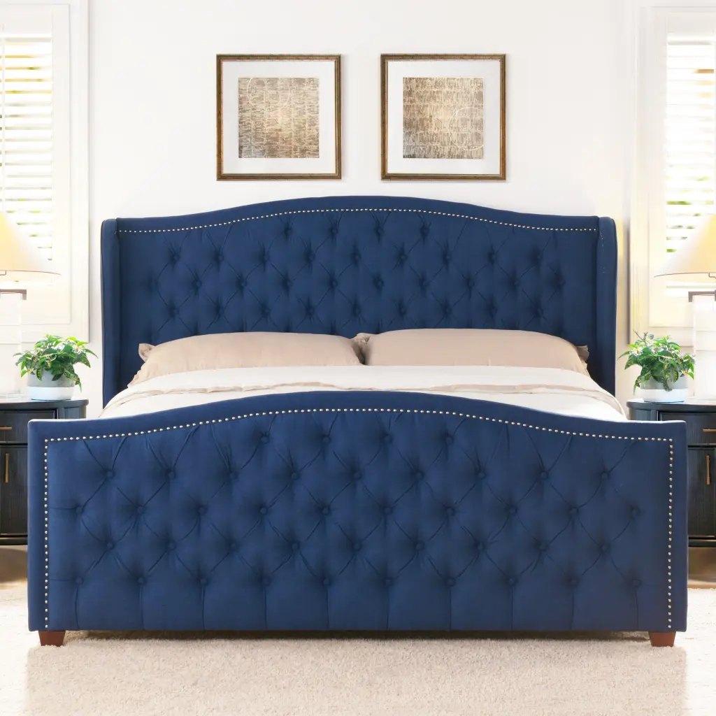 Marcella Upholstered Shelter Headboard Bed Set King Size Dark Sapphire Blue jennifer taylor home