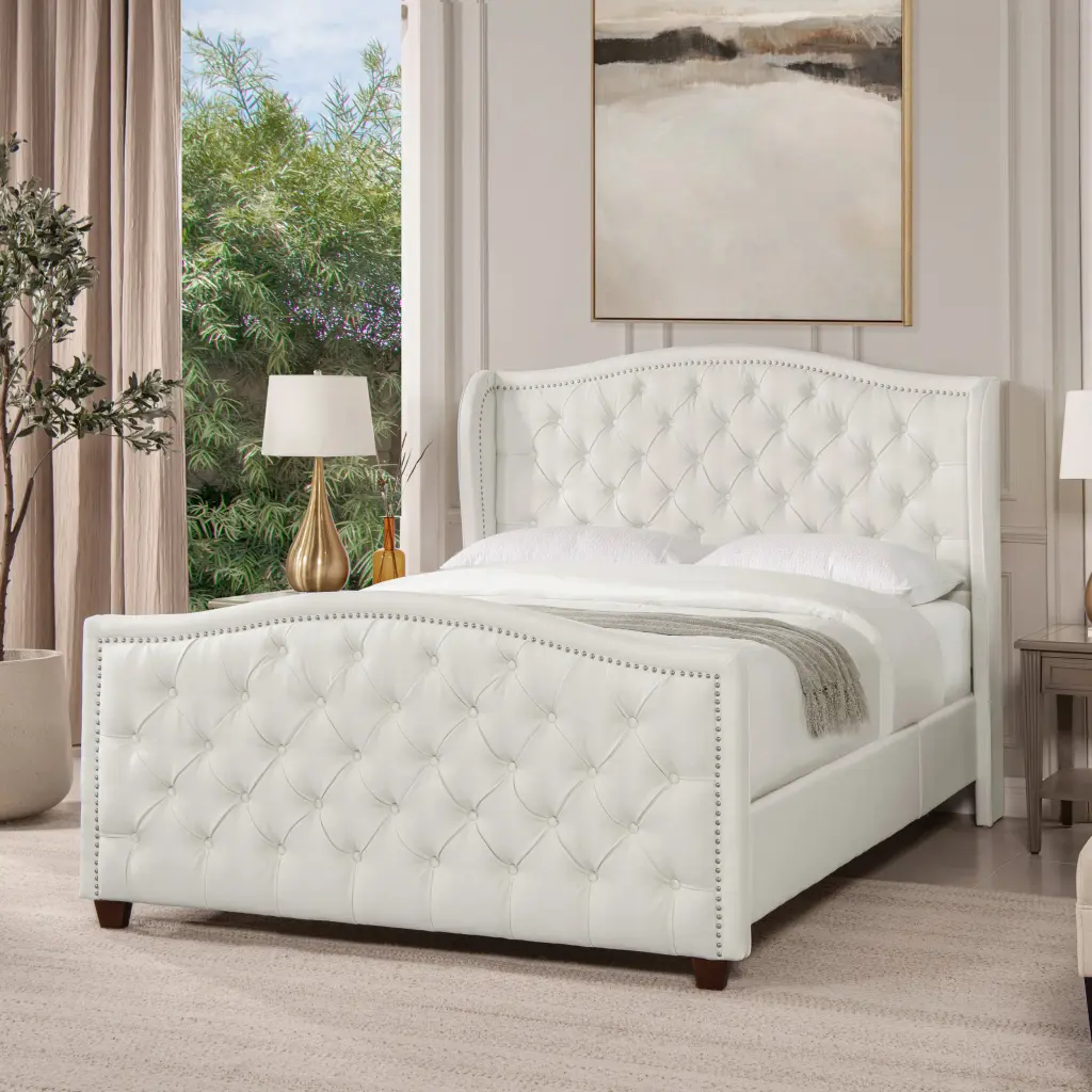 Marcella Upholstered Shelter Headboard Bed Set Queen Size Antique White jennifer taylor home