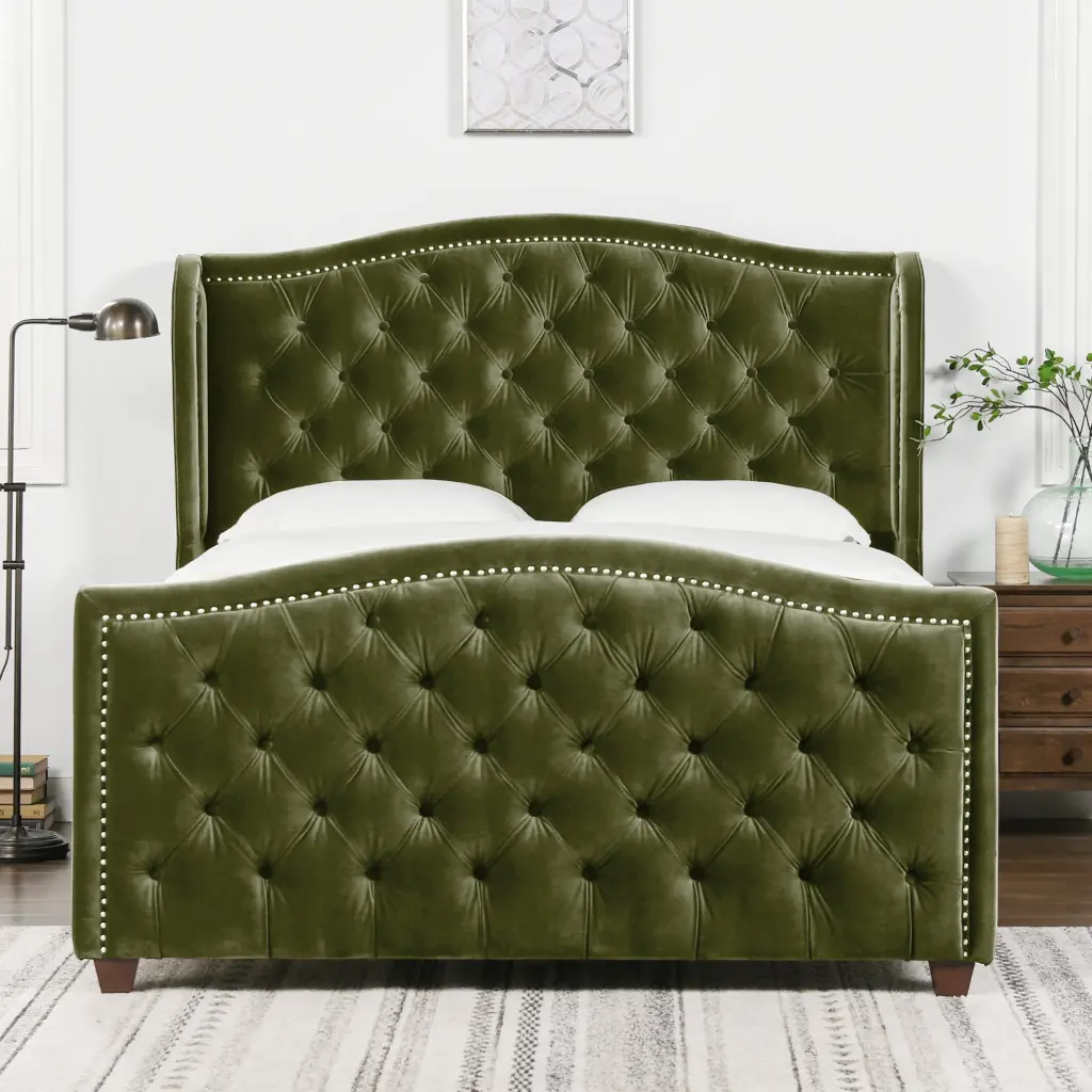 Marcella Upholstered Shelter Headboard Bed Set Olive Green, Queen Size jennifer taylor home