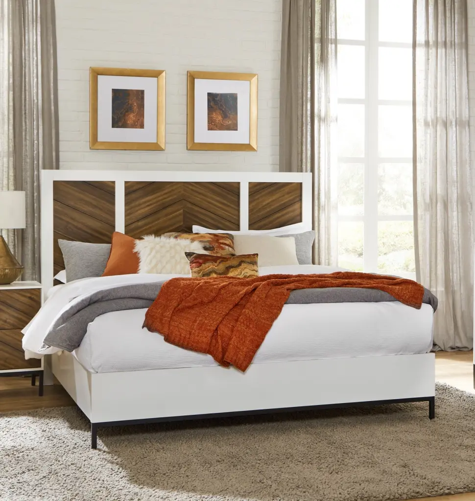 Beautiful White And Walnut Finish 1Pc Queen Bed Chevron Timber Headboard kanepe
