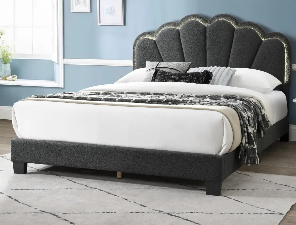 Queen Size Bed Charcoal Wool Fabric Floral Design Headboard LED Lights kanepe