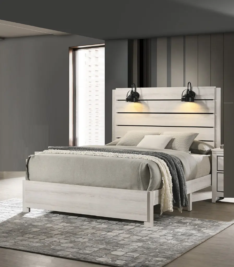 Rustic Style Butcher Block Finish Weathered Cream White Finish Queen Size Headboard kanepe