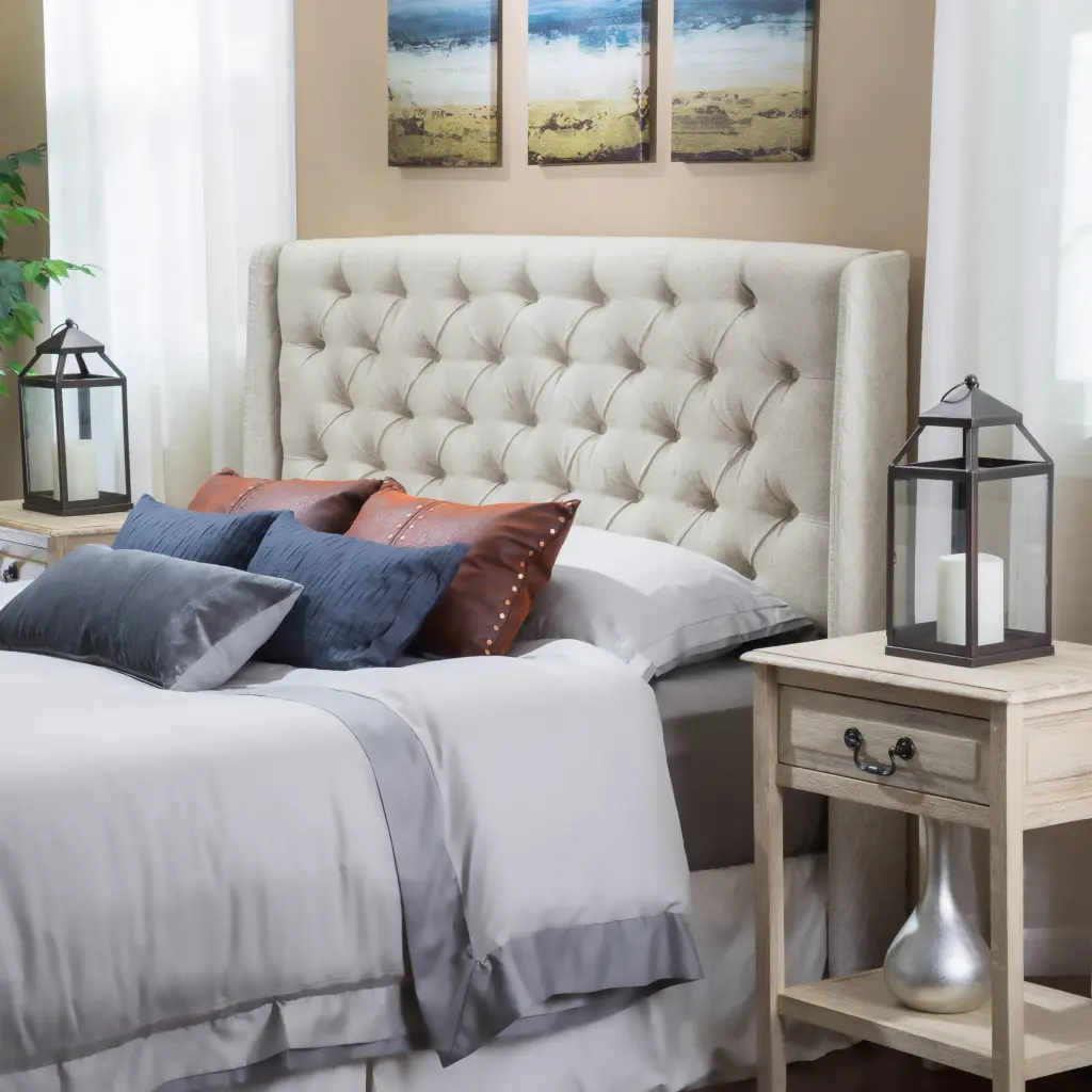 Lidia Wing Headboard Beige Fabric Upholstered Bedroom Decor nh-teakstar