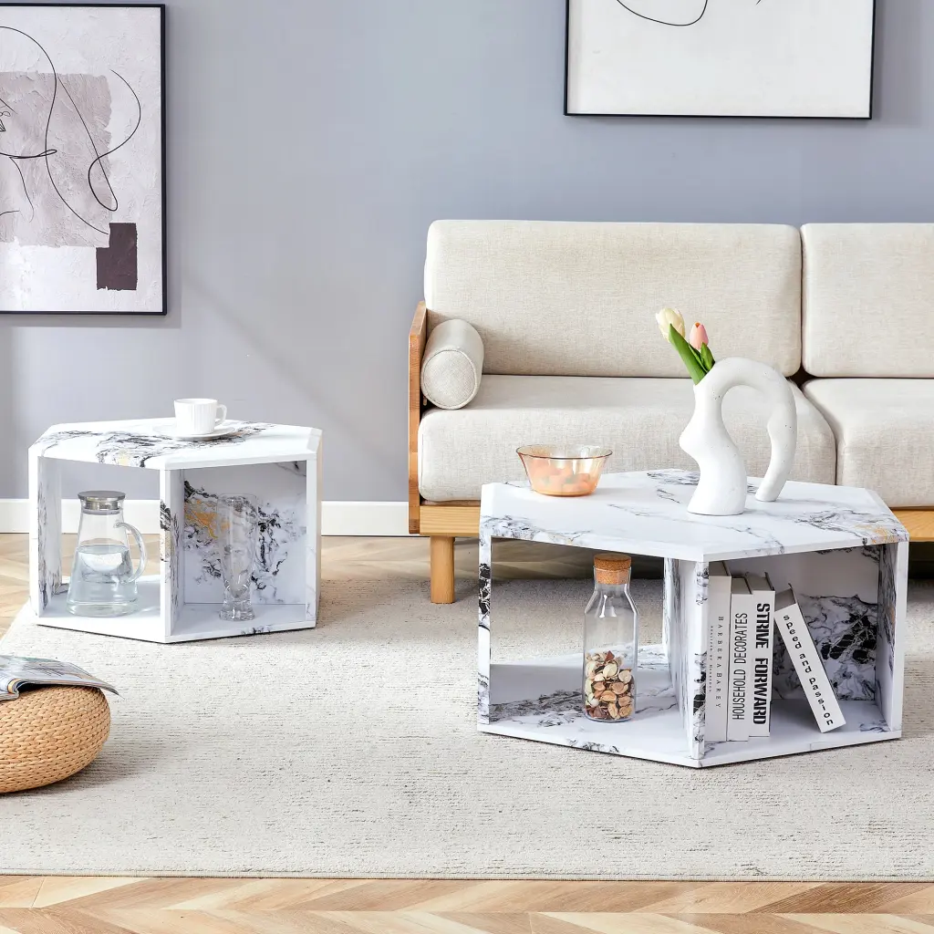 Minimalist White Hexagonal Coffee Table Set MDF Modern Living Room Furniture droom w-1151