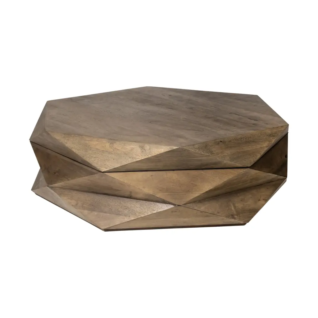 HomeRoots Hexagonal Hinged Solid Wood Top Base Coffee Table Unique Shape