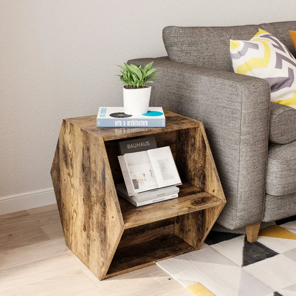 23.62 Inch Hexagonal Coffee Table Side Table Nightstand Antique Timber rnb