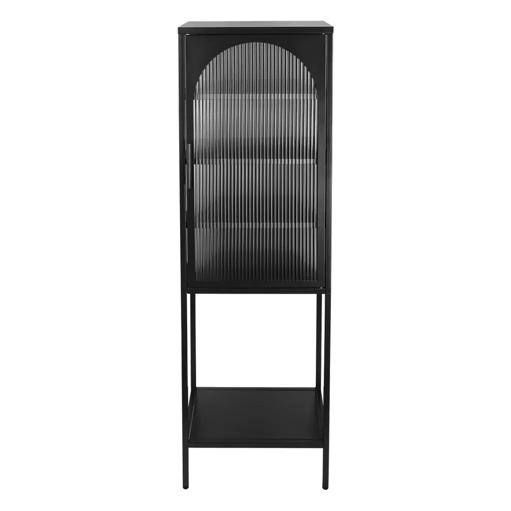 Chic Tempered Glass High Cabinet Arched Door and Customizable Shelves golden walnut
