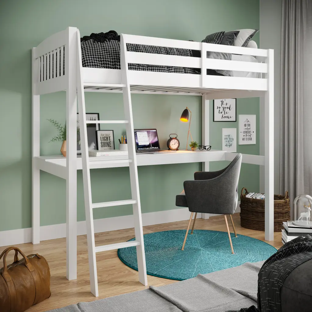 Everest White High Loft Bed Desk and Storage Solid Wood brazil sustainable solid wood furniture