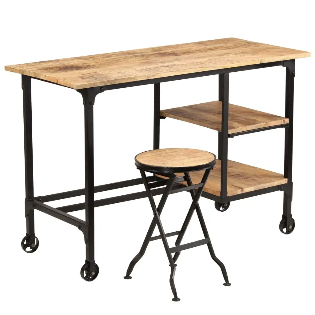 Desk Folding Stool Solid Mango Wood 45.3 Inches Compact Workstation