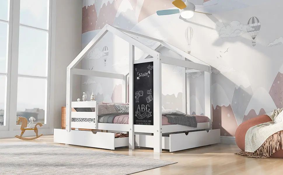 Full Size House Bed Blackboard and Drawers White Two Assembly Options artistry at home