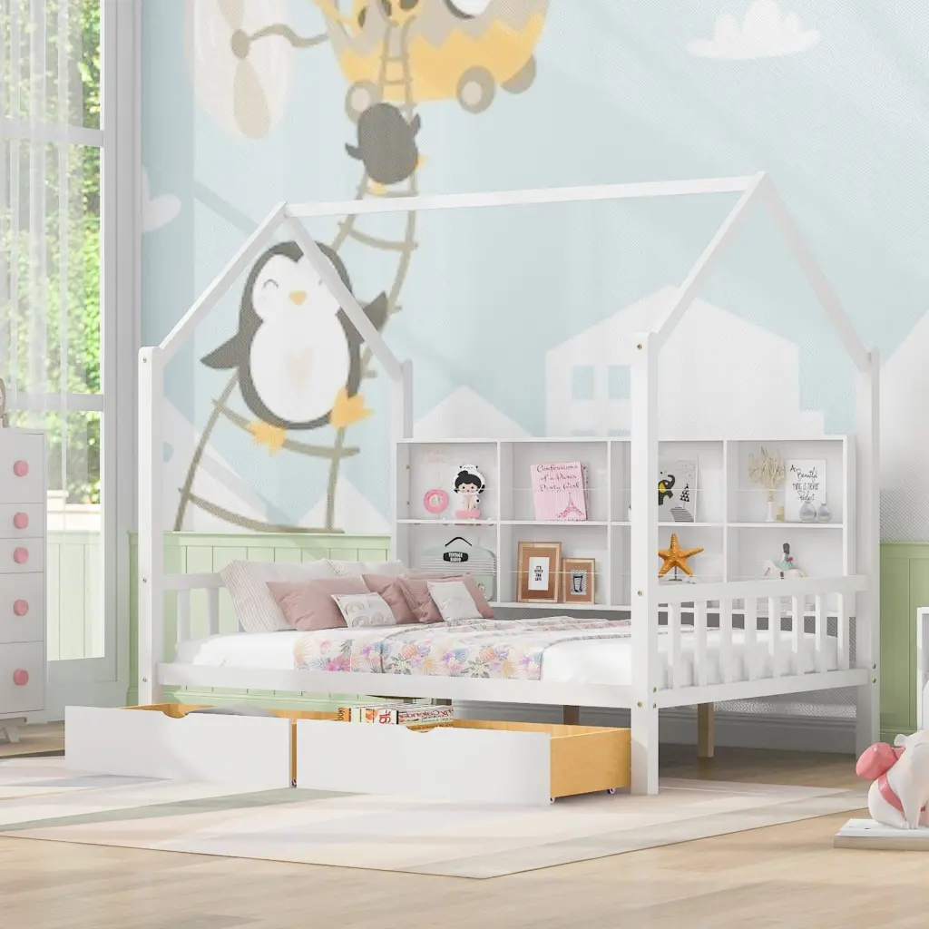 Timberen Full Dimensions House Bed 2 Drawers Kids Bed Storage Shelf homey life