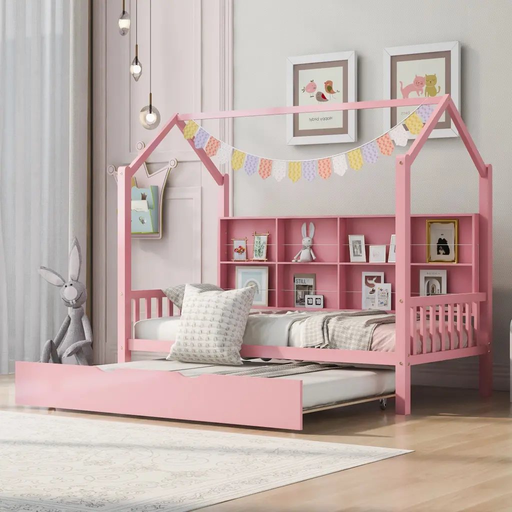 Timberen Twin Dimensions House Bed Trundle and Kids Shelf Pink homey life