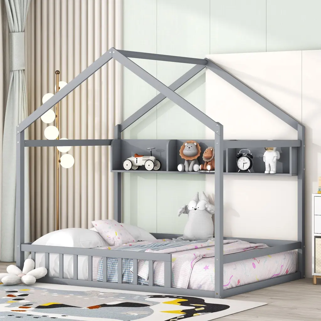Wooden Full Size House Bed Storage Shelf Kids Bed Fence homey life