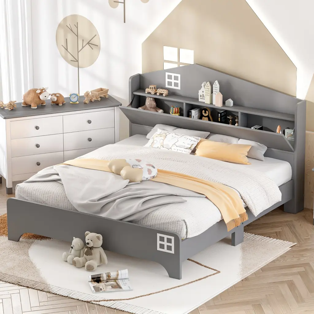 Wooden Full Size House Bed Storage Headboard Kids homey life