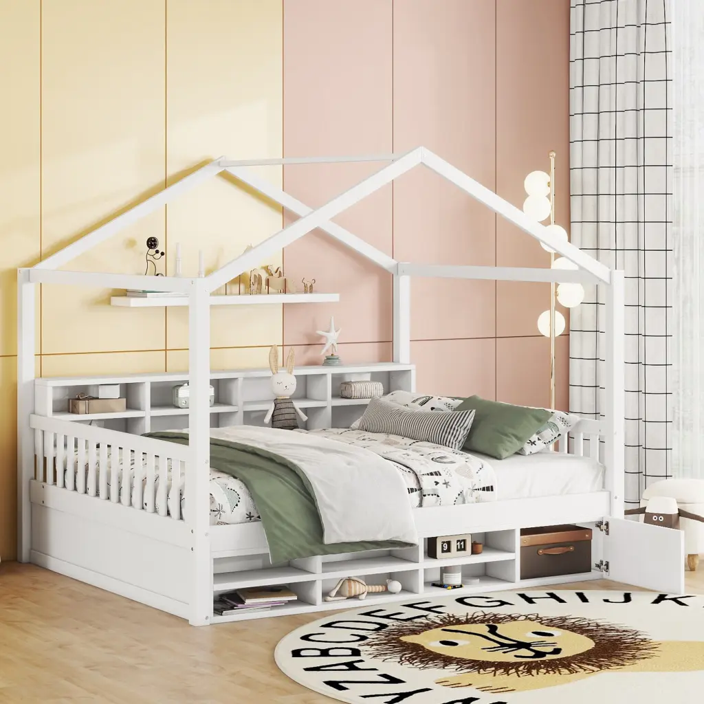 Full Dimensions Timberen House Bed Shelves And Mini Cabinet White Box Design lucky furniture