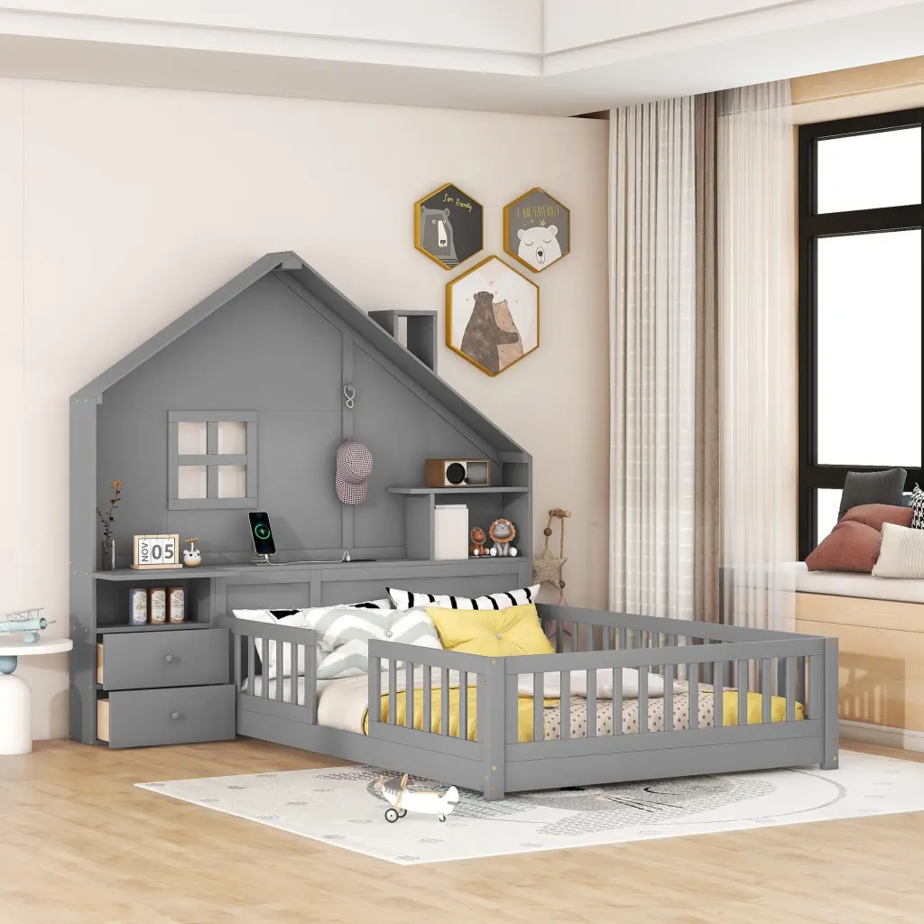 Full Size House Platform Bed Window and Bedside Drawers lucky furniture