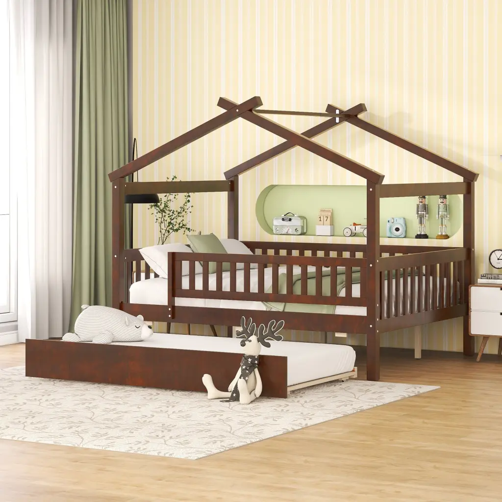 Full Size Timber House Bed Twin Trundle Walnut Finish Kids Room lucky furniture