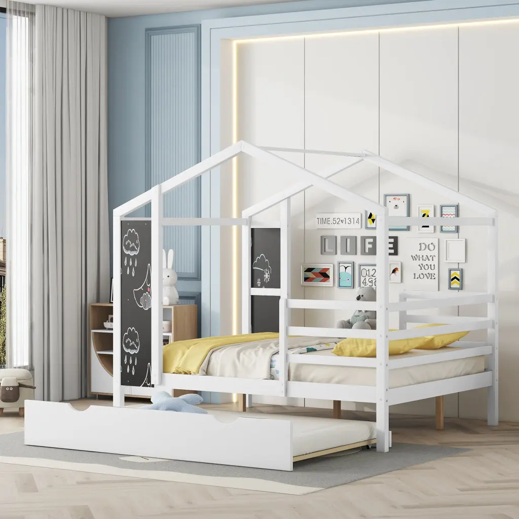 Full Wood House Bed Fence And Writing Board White Kids Furniture lucky furniture