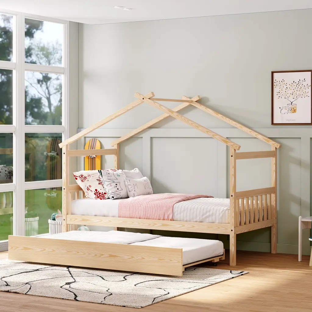Twin Dimensions Timberen House Bed Trundle and Storage, Natural Finish lucky furniture